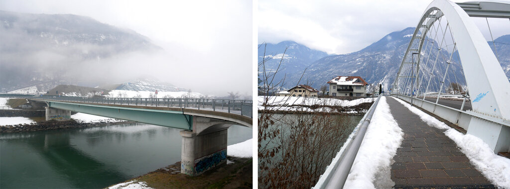 Mutmaßliche Tatorte einer Leichenbeseitigung: Etschbrücke im Bereich Frizzi Au, und Etschbrücke bei Pfatten. Blutspuren lassen die Ermittler vermuten, dass die Leichen von Laura Perselli und Peter Neumair im Fluss versenkt wurden. Foto: Mic