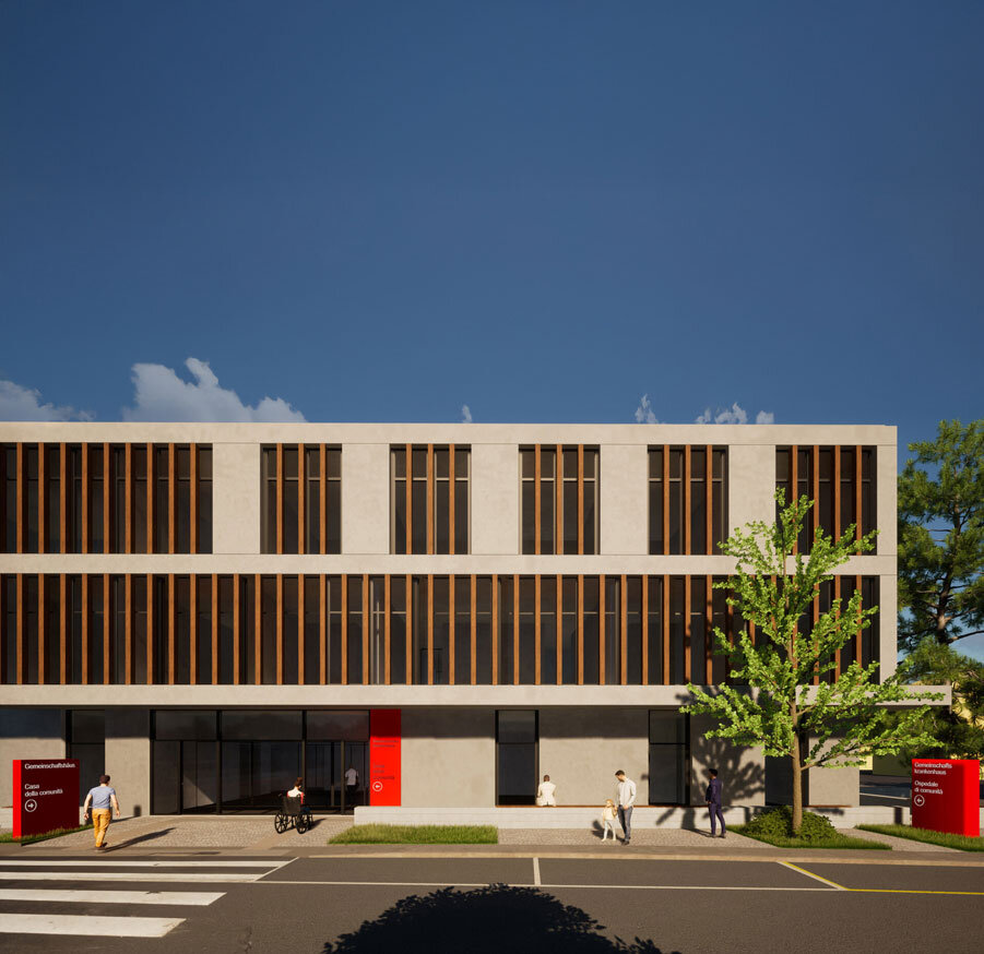 So sehen die neuen Gemeinschaftshäuser des Sanitätsbetriebes aus – im Bild das Projekt für Meran: Unklar ist allerdings, ob sie die Gemeinden und damit die Menschen effizienter versorgen werden können. Foto: Rendering: Südtiroler Sanitätsbetrieb