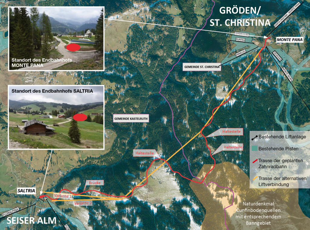 Geplante Verbindung zwischen Gröden/Monte Pana und der Seiser Alm/Saltria: Sie kostet zwischen 20 (Lift) und 57 (Zahnradbahn) Millionen Euro – plus Mehrwertsteuer. Foto: ff-Grafik, Quelle: Coldereiser GmbH