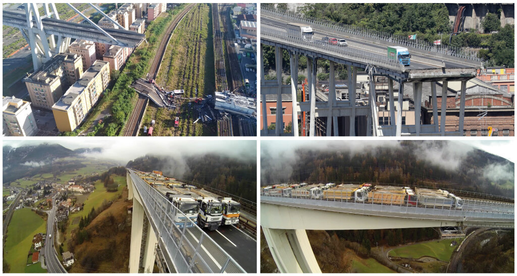 Der 1967 fertiggestellte Polcevera-Viadukt (Morandi-Brücke) in Genua ist am 14. August eingestürzt, 43 Menschen kamen ums Leben. Unten zwei Bilder vom Belastungstest auf dem Viadukt der A-22 über den Dächern von Gossensass. Foto: Apa/Brennerautobahn