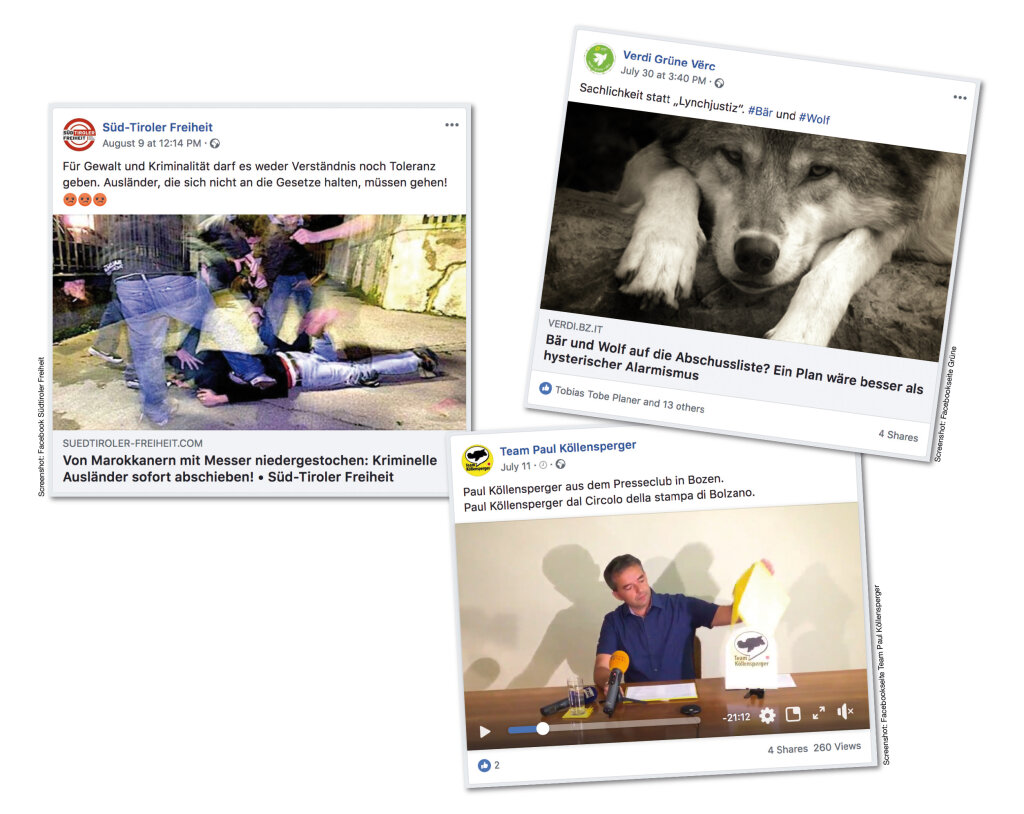 Mit Bildern und Videos wollen die Kandidaten in sozialen Netzwerken bei den Wählern punkten. Manche nutzen die Reizthemen Einwanderung oder Wolf, die sich am besten verbreiten. Andere, wie Paul Köllensperger (rechts unten) setzen auf kreative Ideen, wie die Ankündigung der Kandidatur live auf Facebook zu übertragen.