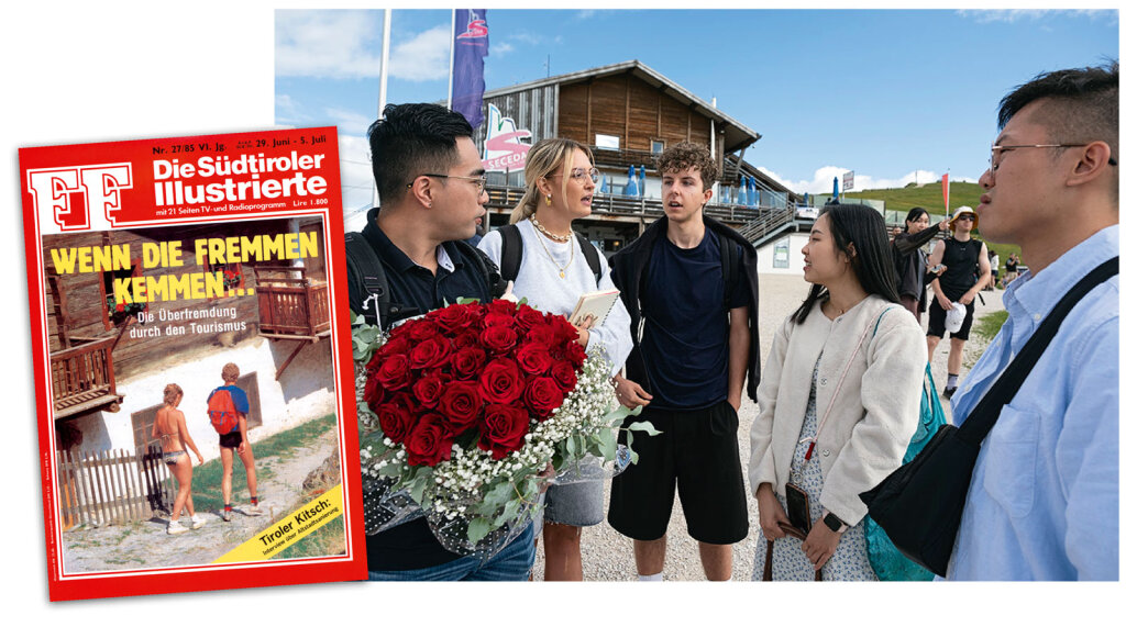 Wie internationale Gäste ticken, haben Julia Staffler und Liam Fiechter recherchiert. Und sind dabei auf ein chinesisches Paar getroffen – er hat einen Blumenstrauß für den Heiratsantrag dabei. Wie Themen sich wiederholen, zeigt das Cover einer alten ff (27/1985). Foto: Ludwig Thalheimer