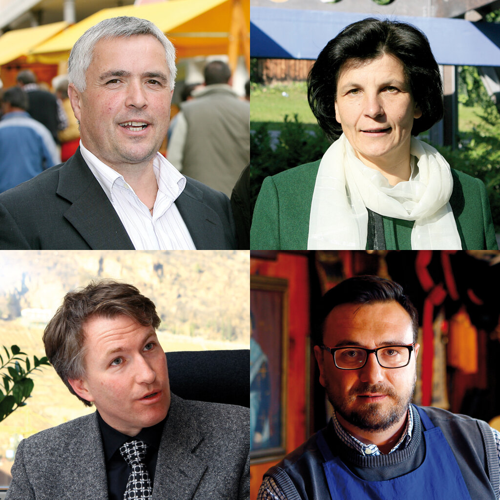 Die möglichen Kandidaten des Südtiroler Bauernbundes (SBB) bei den Landtagswahlen 2018 (von links oben im Uhrzeigersinn): Sepp Noggler gilt als amtierender SVP-Abgeordneter als gesetzt – genauso wie seine Kollegin Maria Hochgruber-Kuenzer. Freiheitlichen-Obmann Andreas Leiter-Reber beginnt dieser Tage mit dem Sammeln von 500 Unterschriften, die er für eine Kandidatur bei der SBB-Basiswahl braucht. SBB-Direktor Siegfried Rinner möchte sich nicht der Basiswahl stellen – eine Kandidatur bei den Landtagswahlen schließt er momentan aus. Foto: Alexander Alber