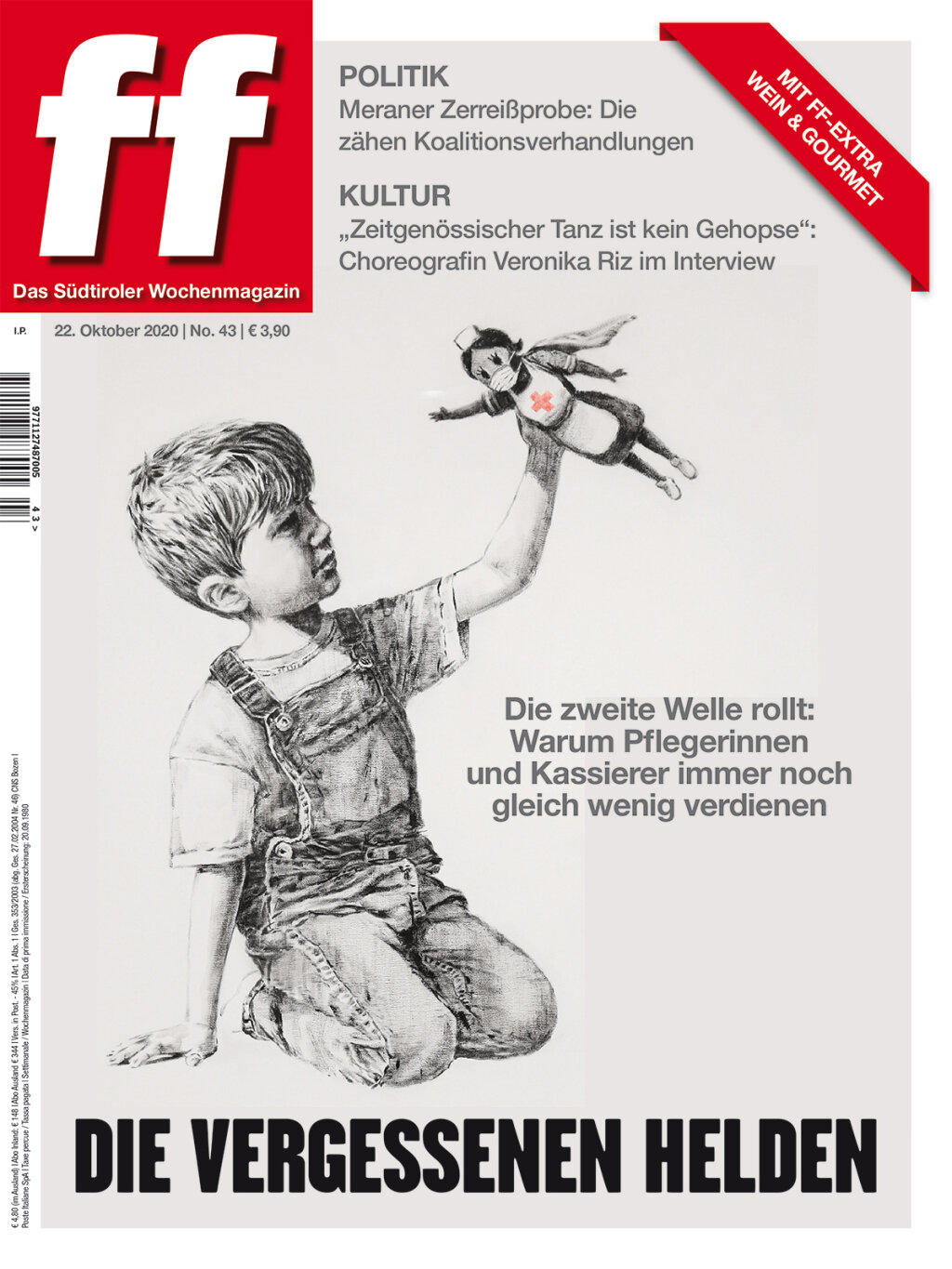 Über Titelbilder: Es ist nicht immer einfach, sich jede Woche für das richtige Titelbild zu entscheiden. Für das aktuelle ff-Cover hatten wir zunächst das Bild des Street-Art-Künstlers Bansky gewählt, das die Mitarbeiter des Gesundheitssystems würdigt. Wir haben uns dann aber umentschieden und wechselten zu einem Foto, das eine erschöpfte Krankenpflegerin zeigt. Foto: ff media