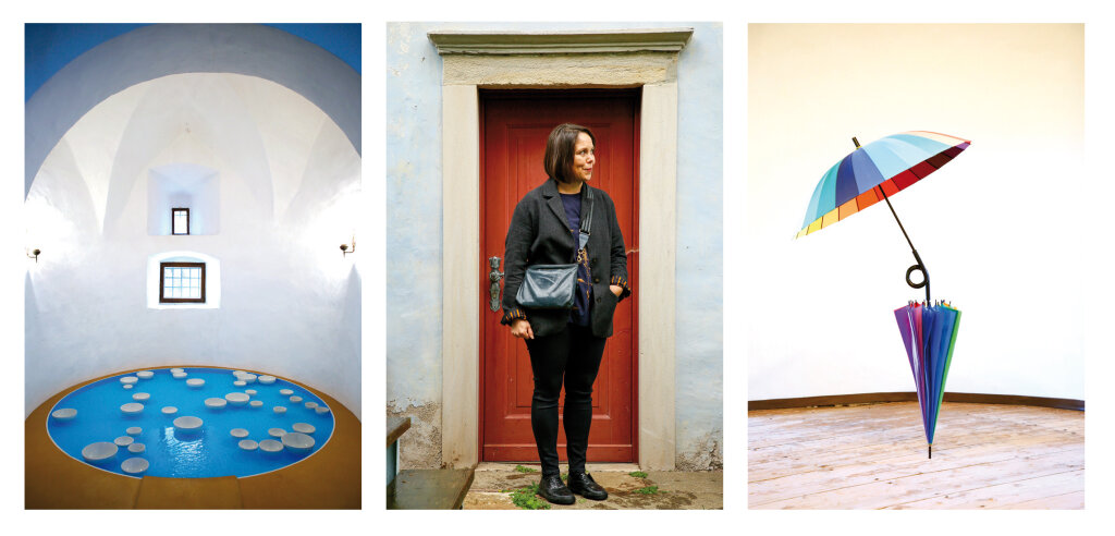 1) Klangspiel von Cèleste Boursier-Mougenot („Untitled“, 2013) auf Schloss Gandegg. 2) Kathrin Oberrauch 3) Installation von Stefan Alber („2 umbrellas“, 2018). Foto: Alexander Alber