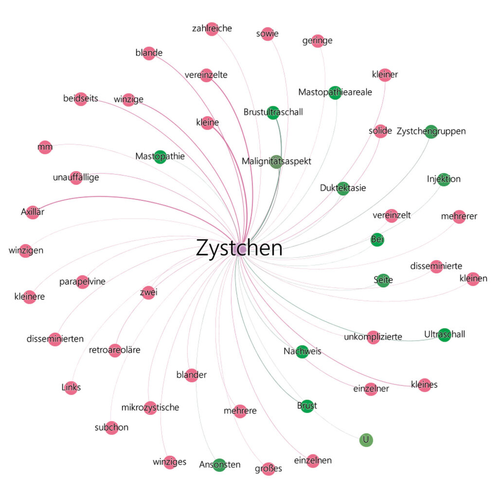 Für ihre Forschung erstellt Karoline Irschara ein Profil der Wortform Zystchen, aus dem hervorgeht, dass Wörter wie klein, winzig, mehrere oder einzeln häufig zusammen verwendet werden.