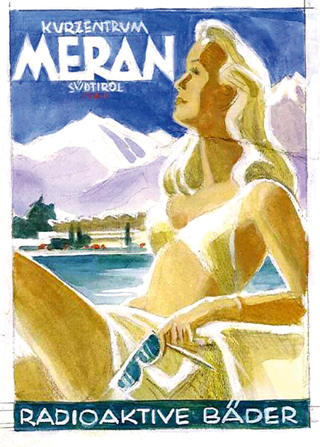 Werbeplakat der Therme Meran aus vergangenen Zeiten. In der Therme werden auch Radon-Inhalationen angeboten. Rund 30 Prozent der Nutzer sind Kinder und Jugendliche. Foto: Therme Meran
