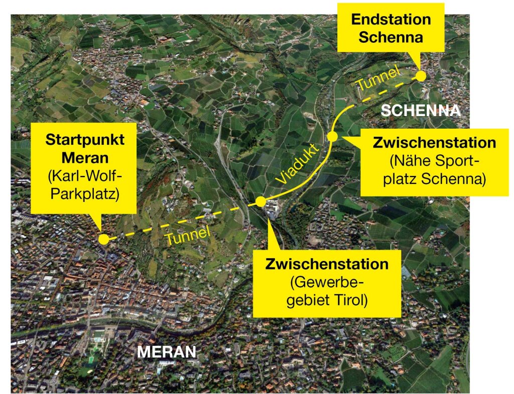 Die laut Machbarkeitsstudie geplante Trasse der Standseilbahnverbindung Meran–Schenna: Nicht alle sind damit einverstanden. Foto: Google Earth; ff-Grafik